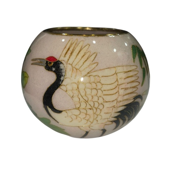 Vintage Plique-à-Jour Cloisonné Glass Candle Holder w/ Crane Pale Pink Luminary - Picture 4 of 11